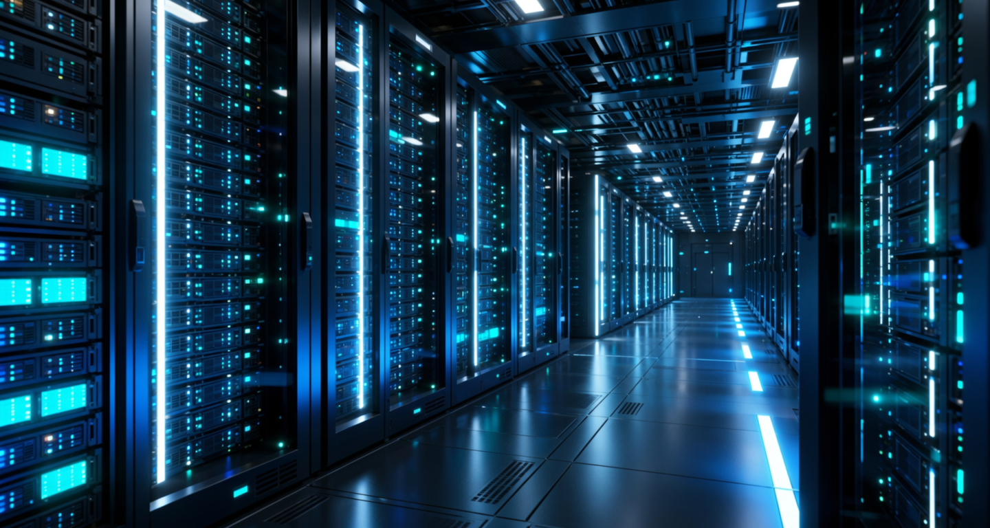 Futuristic data center with rows of glowing server racks