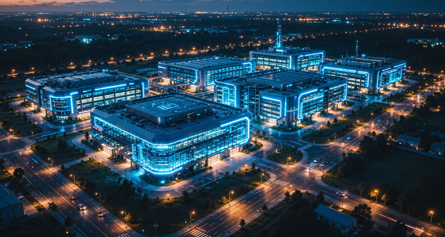 Aerial view of modern data center campus at night